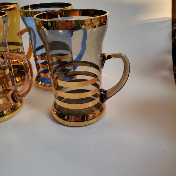 6 Colored Glass Mug Glasses with Gold Bands Made in Romania - Picture 4 of 7